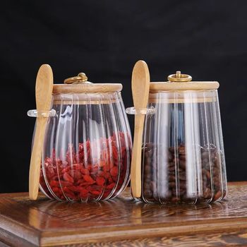 Household Transparent Glass Canister for Kitchen Grains, Sealed Jar Made of High Borosilicate Glass with Lid and Spoon for Storage