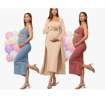 Two-Piece Set of Maternity Long Dress, Long Coat, Tube Top Dress, Plus Size, Stretchy, Elegant, Suitable for Commuting