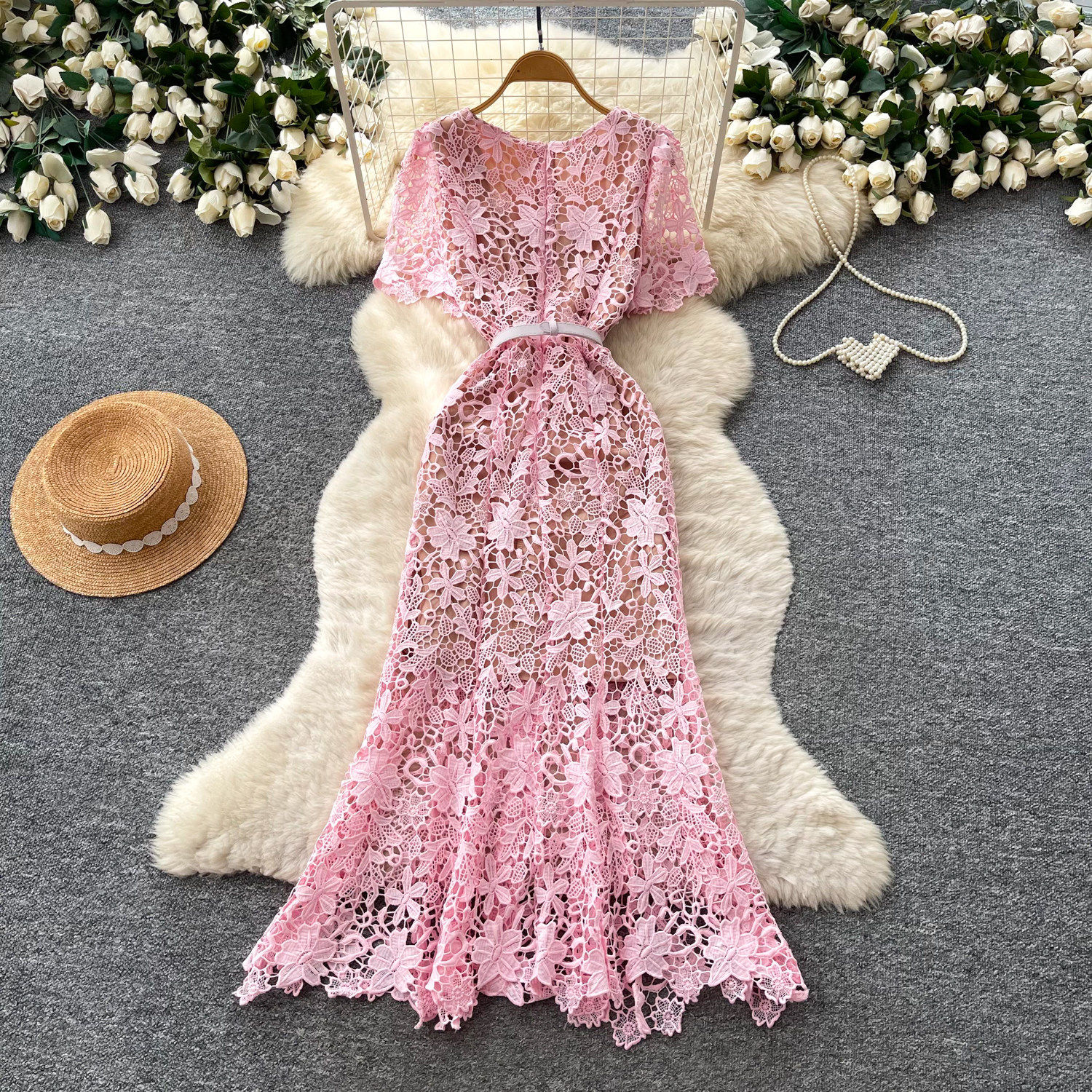French Elegant Lace Hollow Out Maxi Dress for Women Summer Slim Fit Pink Office Wear Comfortable Fabric Wholesale