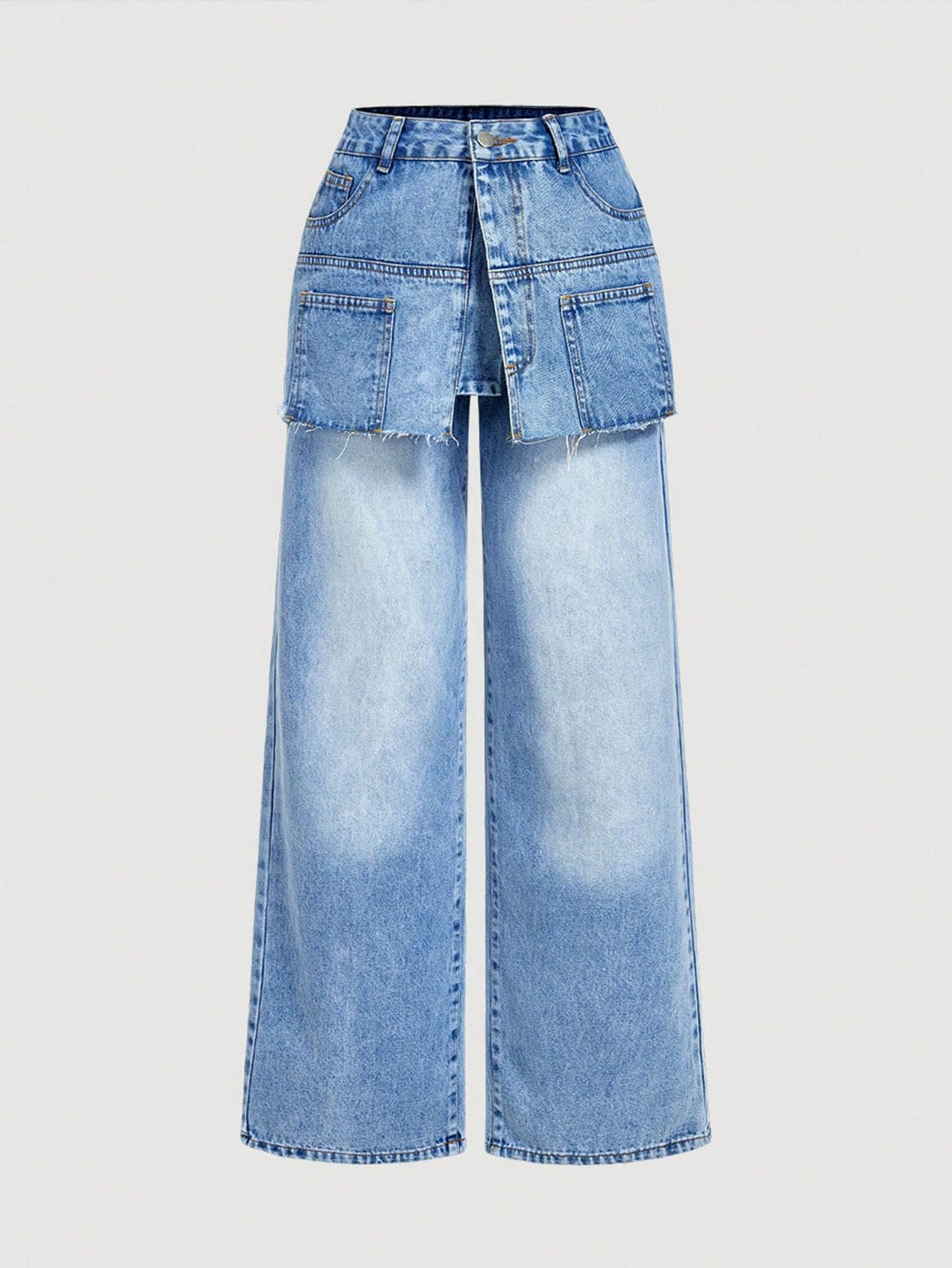 Fashionable Two Piece Look Wide Leg Jeans Trendy Design Comfortable Fit Versatile Style Perfect for Casual Outings