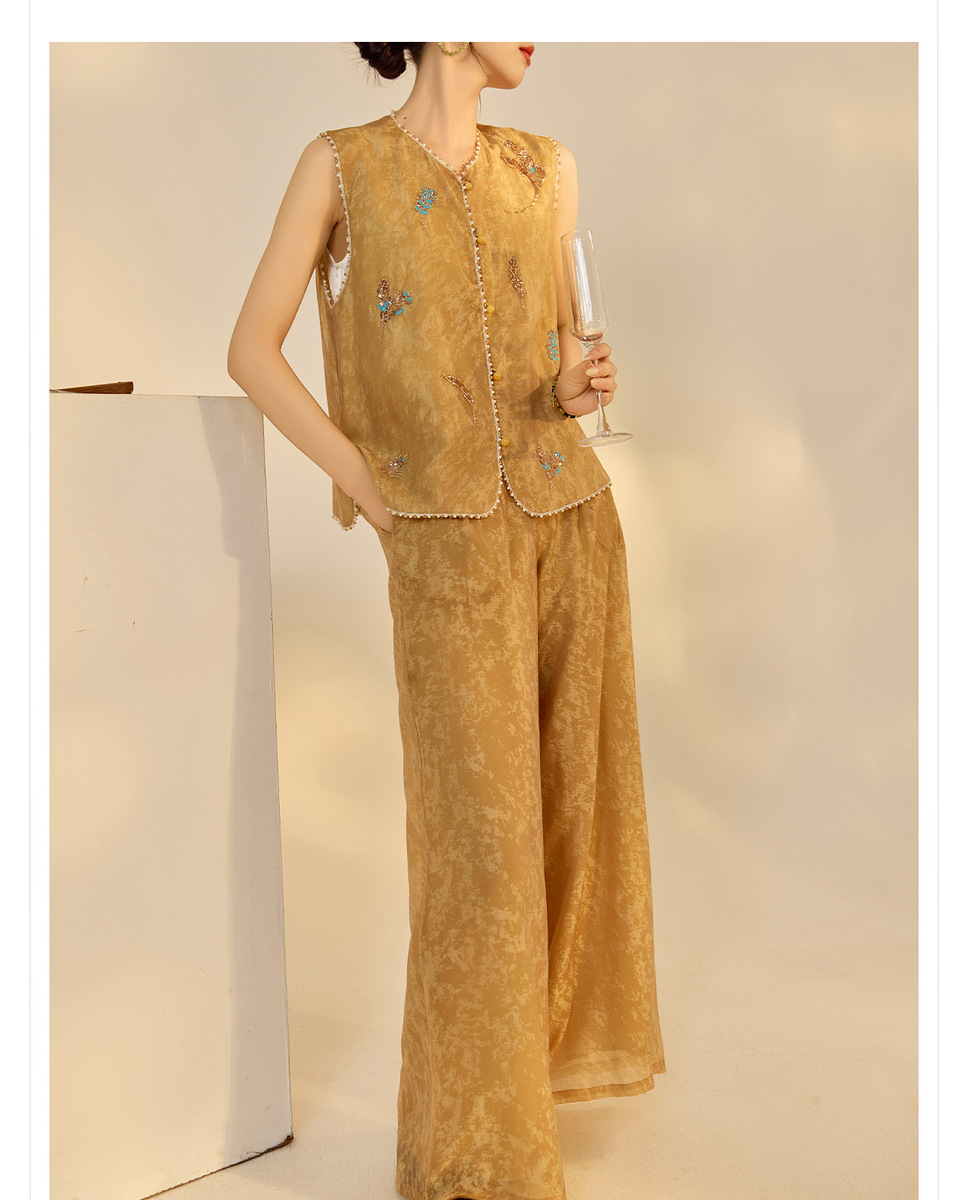Set gile thêu đính cườm kèm quần dài nữ phong cách thanh lịch — Quần dài màu mơ, Quần dài màu xanh lục, Gi lê màu hồng, Gi lê màu xanh lục