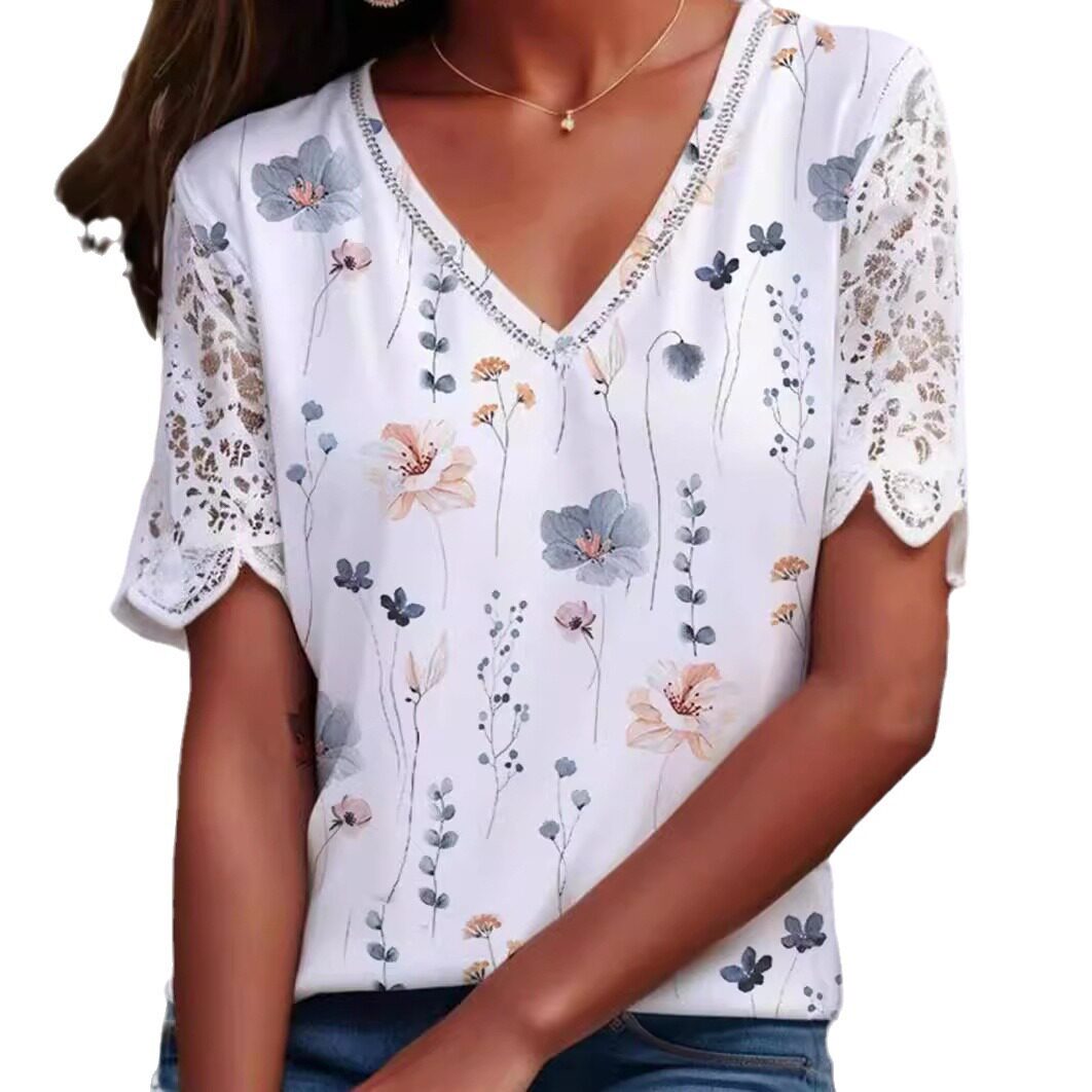Summer Floral Lace V Neck Short Sleeve Top for Women Stylish Patchwork Design Perfect for Casual Outings OEM Available
