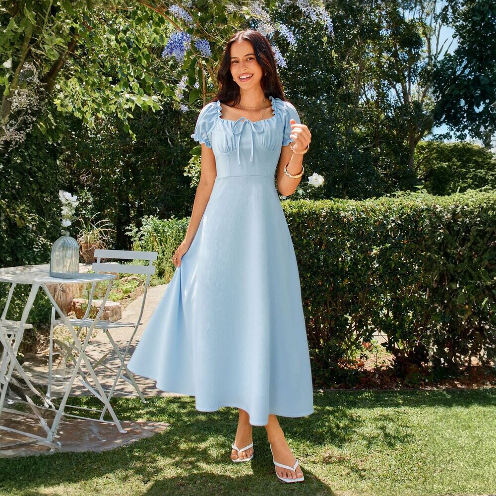 Womens Elegant Solid Color Midi Dress Square Neck Tie Waist A Line Silhouette Summer Casual Wear Wholesale