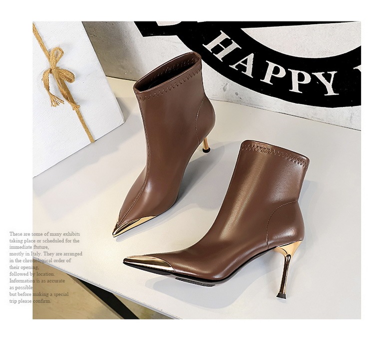 Boot nữ cổ thấp gót nhọn siêu cao mũi nhọn kim loại phối khóa kéo — 319-11 đen 8cm, 319-A11 Cà phê 5cm, 319-A11 đen 5cm, Màu nâu 319-11 8cm