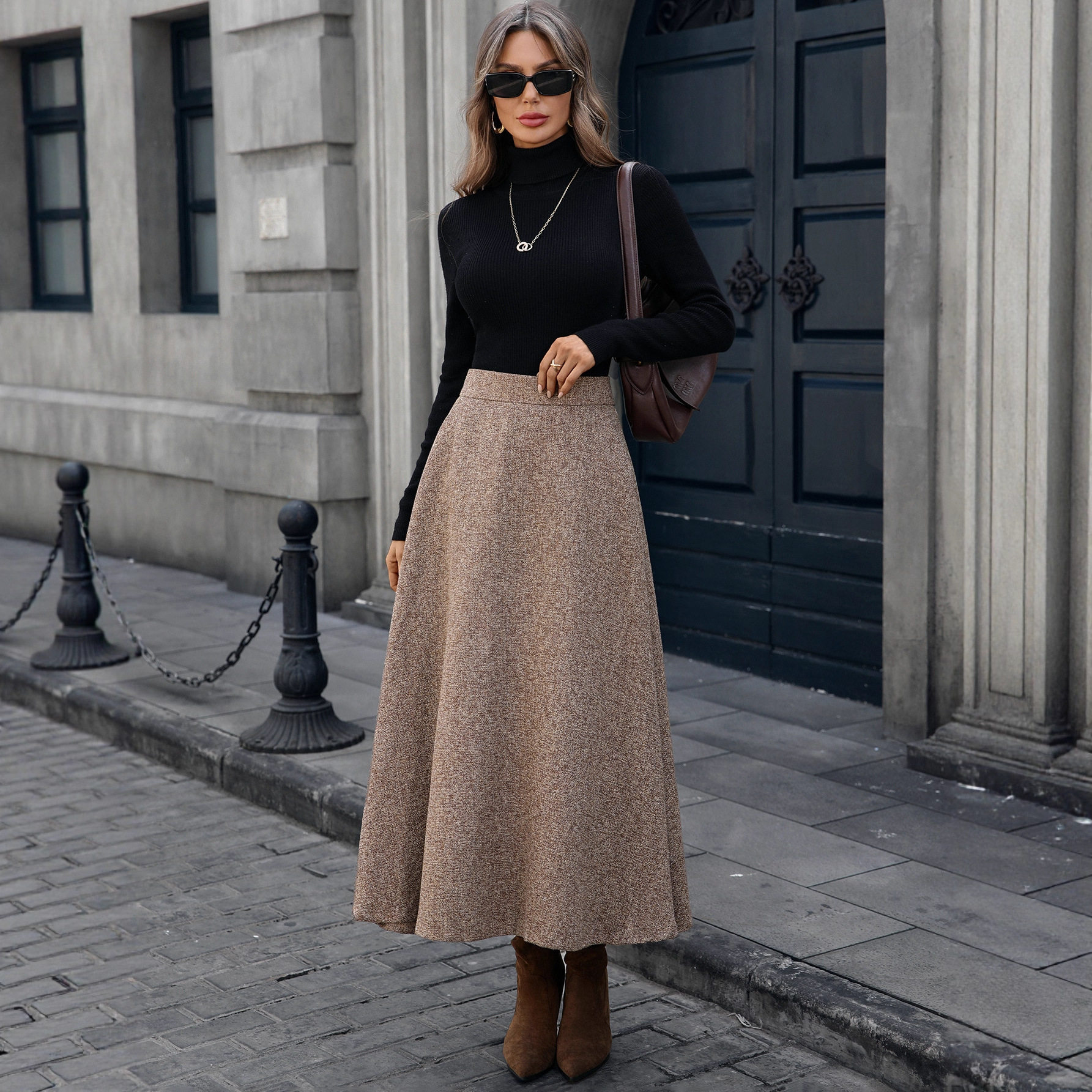 Woolen A Line Midi Skirt High Quality Fabric Elegant Draping Autumn Winter Style Ready to Ship Wholesale Available