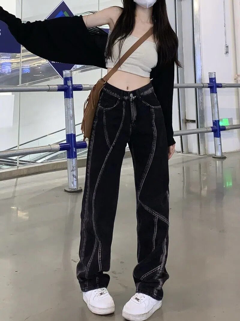 Womens American Street Style Wide Leg Denim Pants Spring Collection Loose Fit High Waisted Floor Length Casual