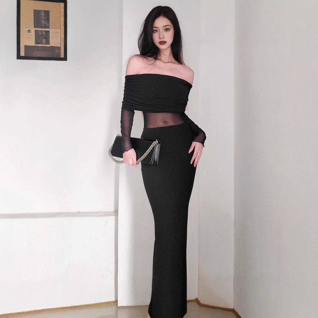 Off Shoulder Ruched Long Sleeve Dress Elegant French Style Autumn Fashion Sexy Silhouette Wholesale Available