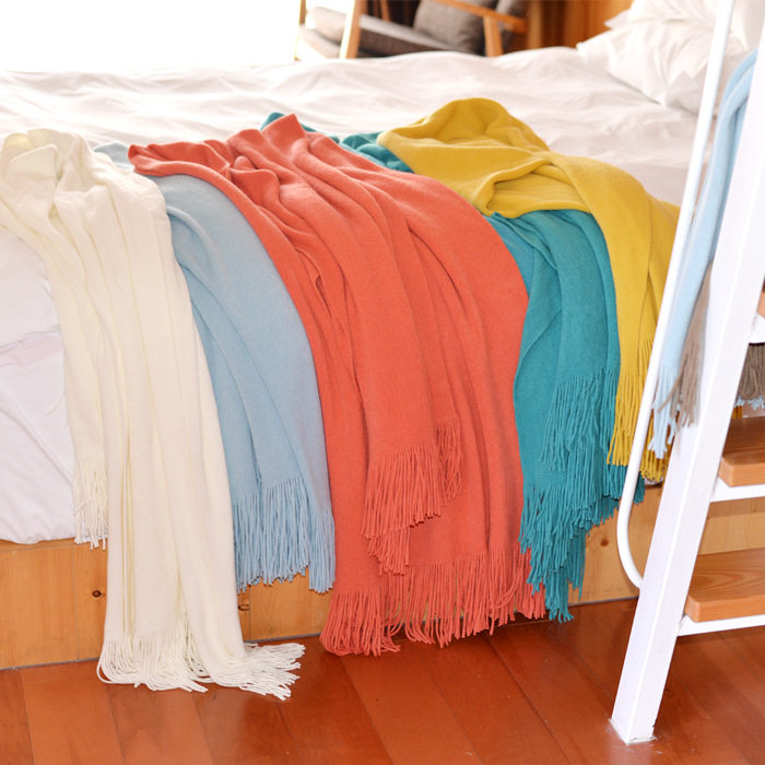 C12 Large Solid Color Knitted Blanket with Extended Tassels for Guesthouse Beds, Summer Air Conditioning Blanket, Fleece Blanket