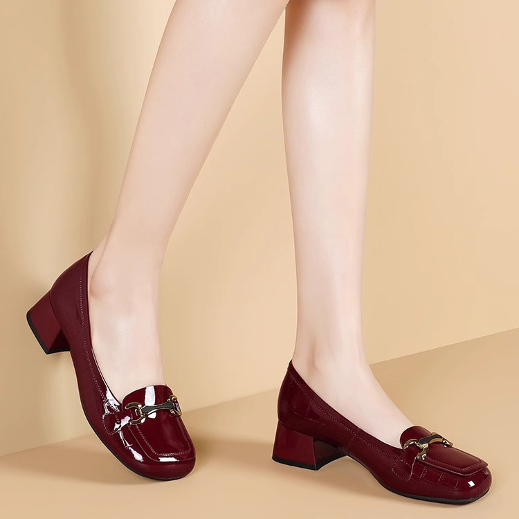 Giày lười nữ mũi vuông gót thô 3-6cm da PU mềm êm chân — Màu đen, Màu đỏ rượu, Màu mơ