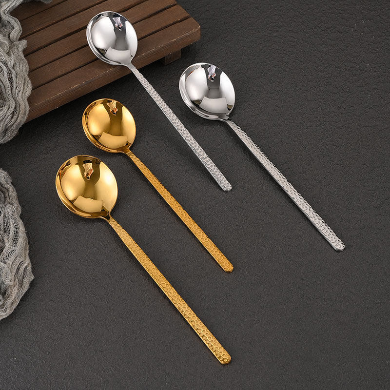 Korean-style 304 Stainless Steel Spoon Soup Spoon Deepened Hammer Pattern High-value Tableware Household Long Handle Dining Round Spoon