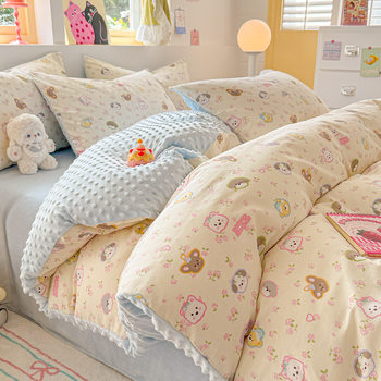 Category a Autumn and Winter Thickeneded Cotton Milk Velvet Bed Cartoon Four-Piece Set Warm Single-Piece Double-Sided Quilt Cover Three-Piece Set