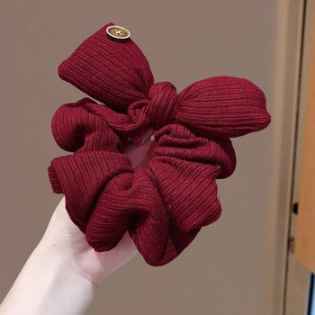 Korean 2025 New Year Red Wool Knitted Hair Band for Women High-End Atmosphere Hair Rope Ball Ponytail Rubber Band