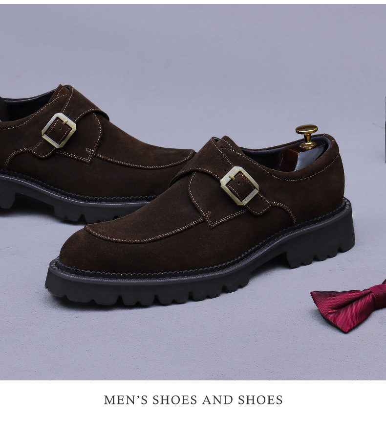Giày loafer nam da bò lộn mũi tròn khóa cổ điển đế dày tăng chiều cao — đen, màu nâu mocha