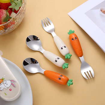 New 304 Stainless Steel Children's Fork Spoon suit Baby Food Supplementation Feeding Tableware Cute Carrot Training Fork Spoon