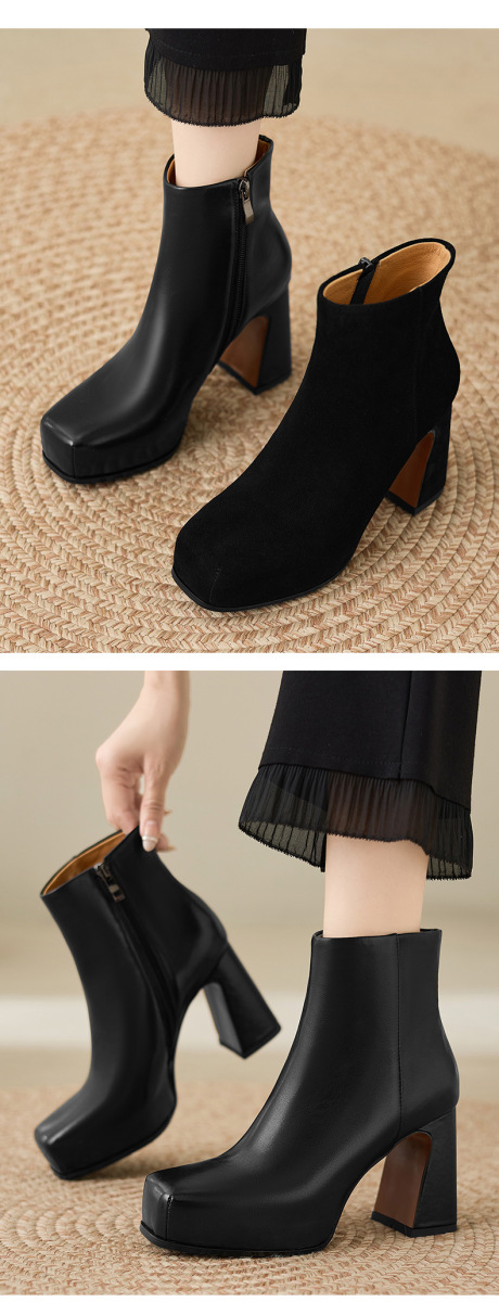 Boot nữ gót thô mũi vuông đế dày platform khóa kéo bên hông — Da bò đen lót đơn, Lót nhung da bò đen, Lót nhung lộn đen, Lót trong sản phẩm đặt lại của Black Sheep