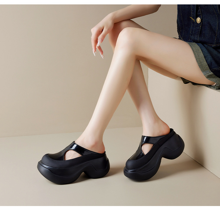 Sandal nữ bít mũi da bò đục lỗ đế xuồng tăng chiều cao — Màu bạc, Màu đen, Màu trắng be