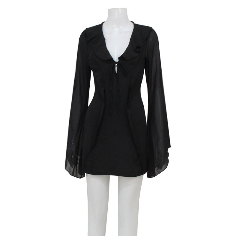 Summer Womens Dress Deep V Neck Ruffled Hem Long Sleeve Slim Fit Casual Party or Night Out Wholesale Available