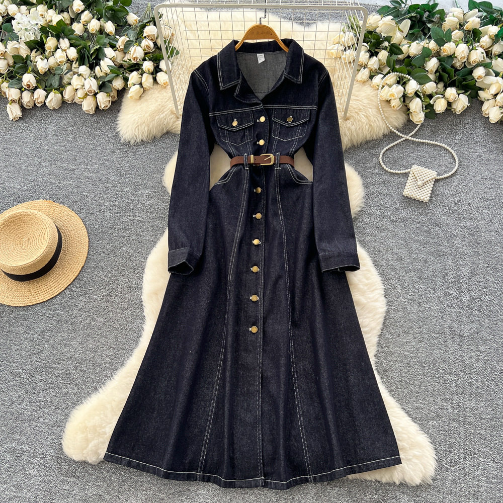 Vintage Inspired Denim Dress Long Sleeve Metal Button Waist Tie Elegant Fit Perfect for Casual Outings Wholesale