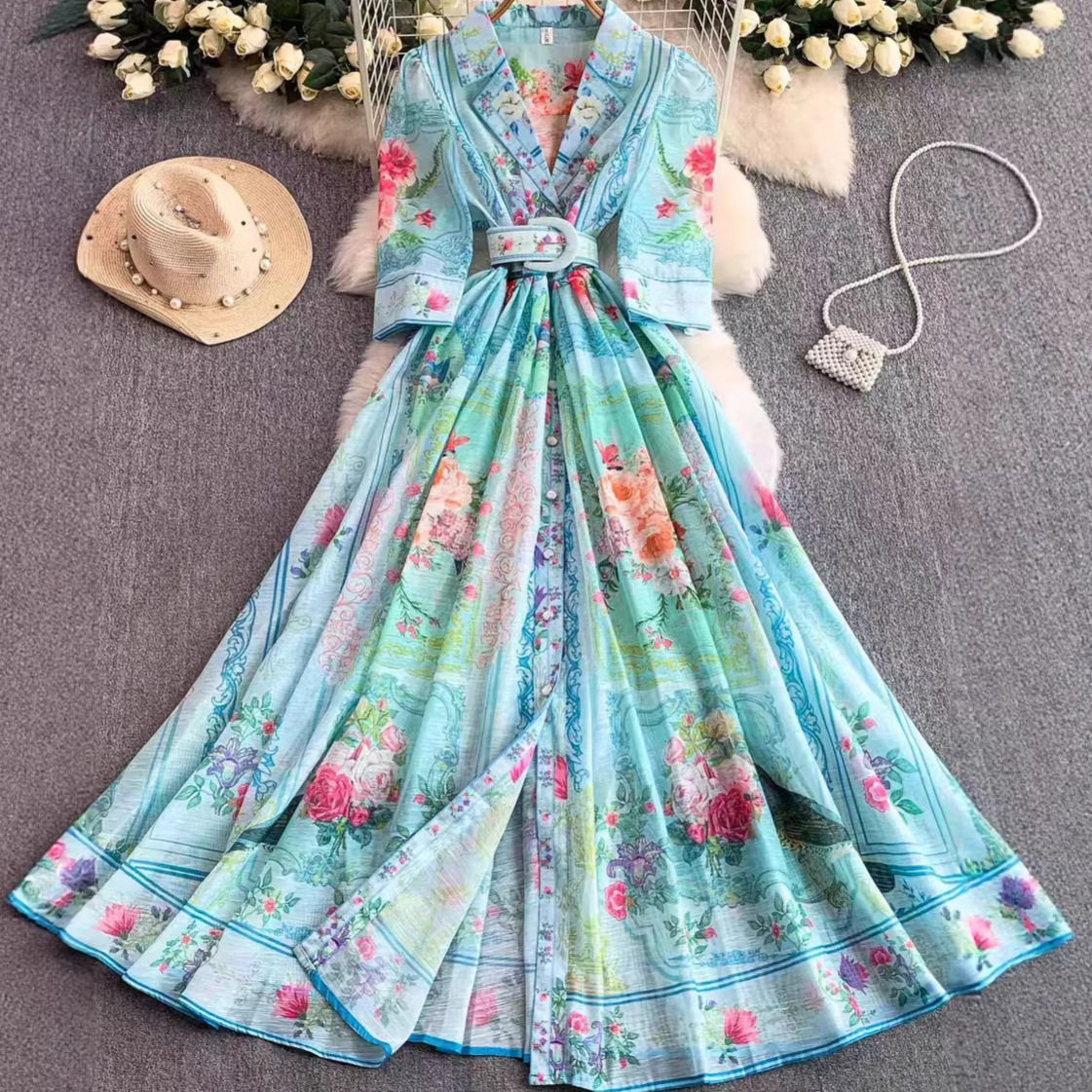 French Floral Print Blazer Dress Three Quarter Sleeve Single Breasted Waist Defined Flared Hem Spring Fall Vacation