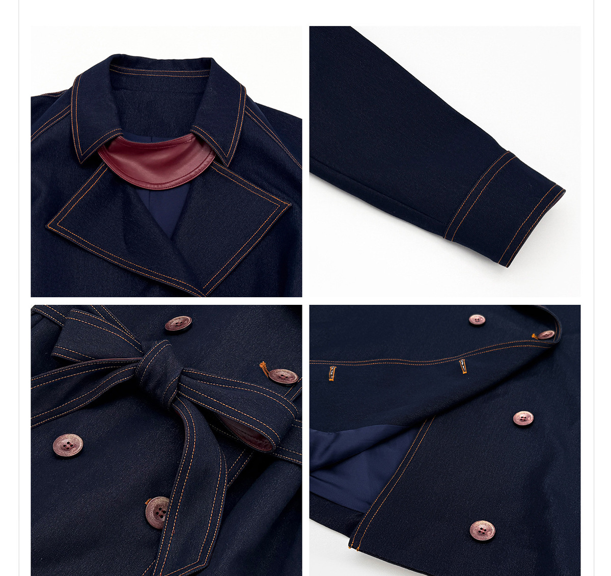 Áo khoác dáng trench denim phối chỉ tương phản cổ bẻ thắt eo dài trung — Xanh navy (giao hàng trong 7 ngày)