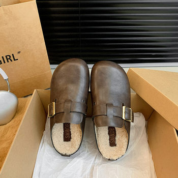 Mao Mao Slippers Women's Outer Wear 2024 New Autumn and Winter Flat Bottom Pregnant Women Lazy Baotou Half Slippers fleece-lined Half Slippers