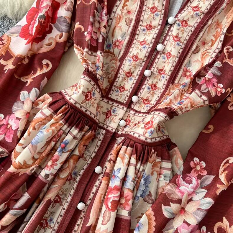 Elegant Vintage V Neck Long Sleeve Button Up Dress Waist Defining Floral Print Pleated Design Perfect for Parties and