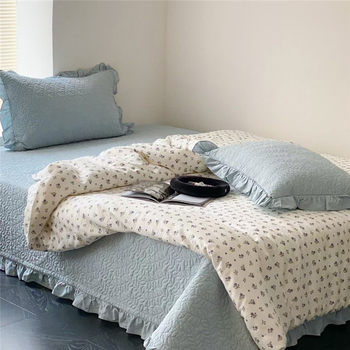 Double Yarn Four-piece Set Cotton French Lace High-end Washed Cotton Quilted Bed Cover Three-piece Set Single Double Quilt Cover