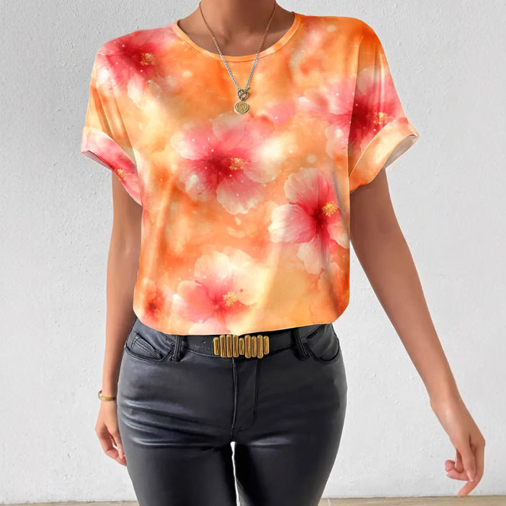 Tie Dye Floral Print Short Sleeve Top Round Neck Casual Style Fashionable Design Wholesale Available