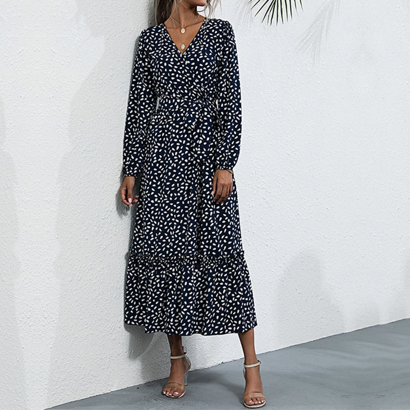 Elegant Long Dress Green Floral Print Split Design Ideal for Autumn and Winter Wholesale Available