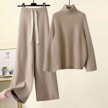 Plus Size Women's Autumn and Winter Single Suit 2025 New High-Neck Knitted Sweater Loose Slimming Look Wide-Leg Pants Two-Piece Set