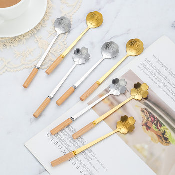 Stainless Steel Cherry Blossom Spoon with Wooden Handle, Cherry Blossom Spoon, Rose Coffee Stirring Spoon, Gift with Exquisite Creative Flower Spoon