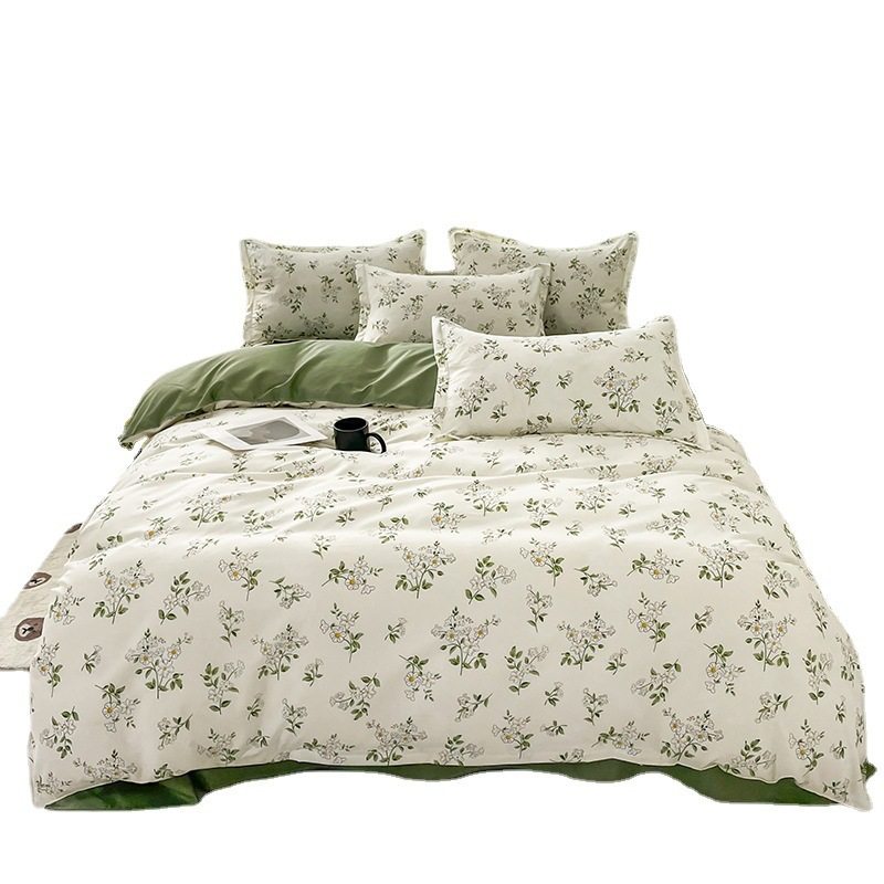 Fresh Style Washed Cotton Four-piece Bedding Bed Sheet Quilt Cover Korean Style Princess Floral Girl Dormitory Three-piece Set
