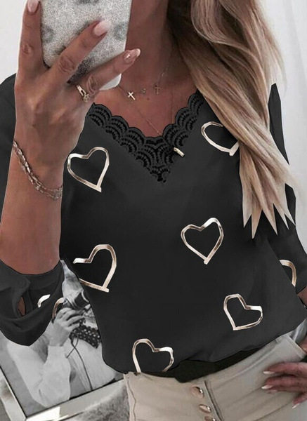 Heart Print V Neck Long Sleeve T Shirt for Women Summer Collection Casual Wear Ready to Ship Wholesale Available