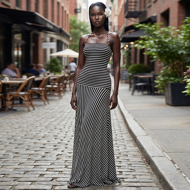 French Style Striped Maxi Dress Summer Collection Halter Neck Backless Elegant Design Wholesale Available
