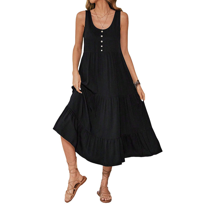 Summer Midi Dress Sleeveless Button Detail Solid Color Casual Wear for Women OEM Available