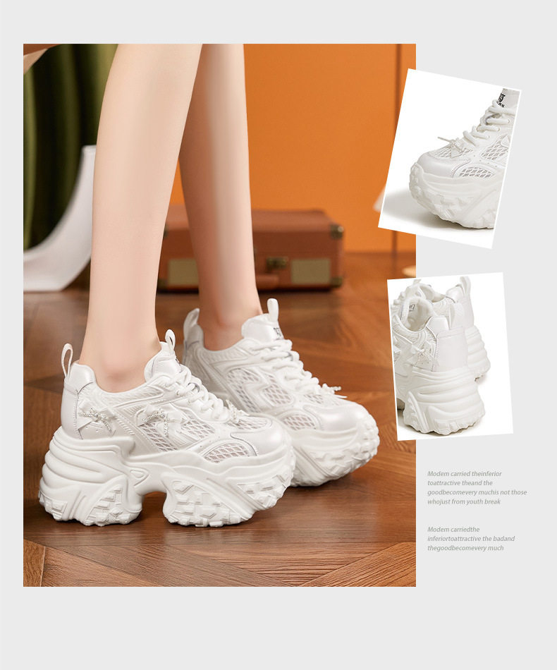 Giày sneaker nữ chạy bộ mesh thoáng mũi tròn đế cao 8 cm — Trắng, Bạc chi tiết 3