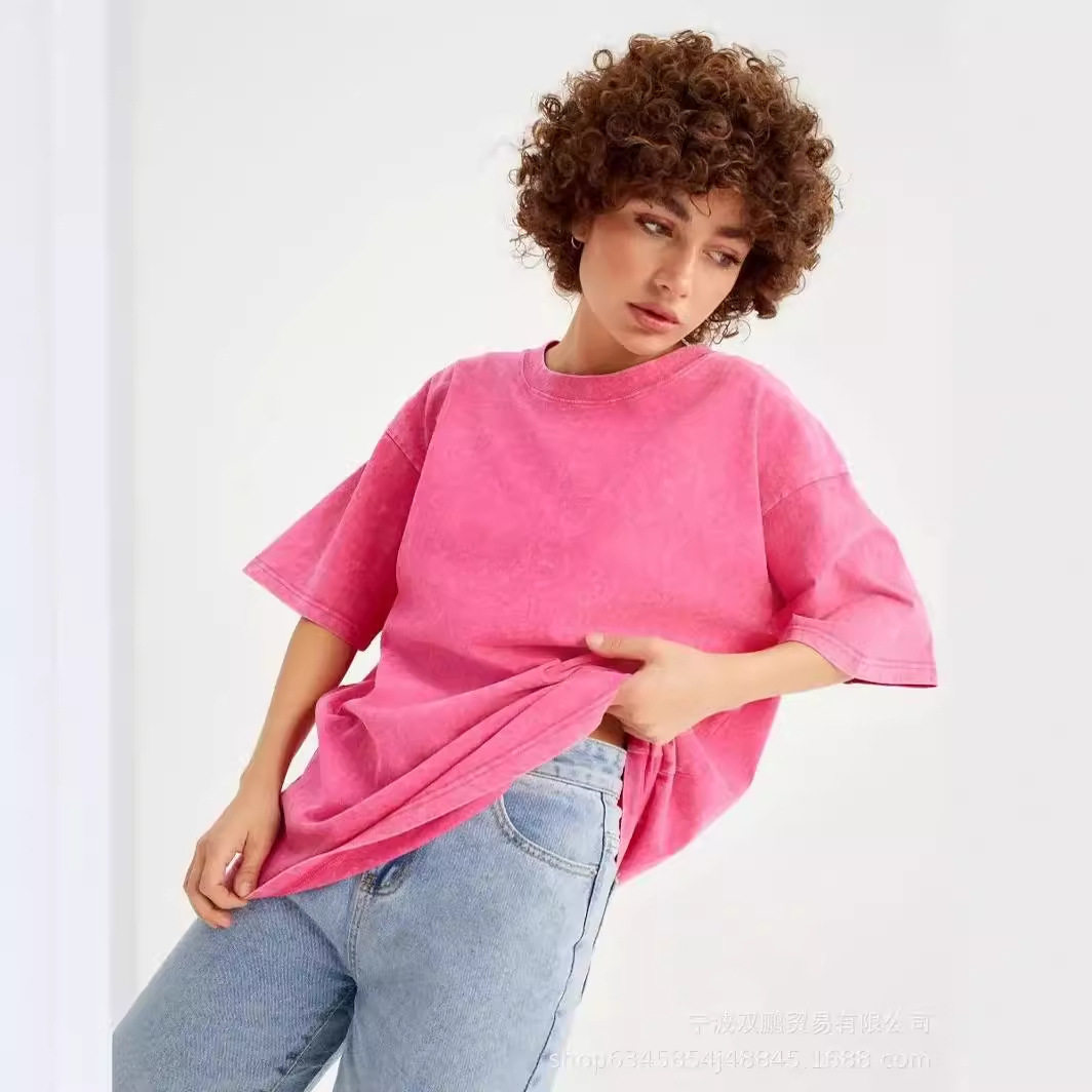 Womens Vintage Wash Dyed T Shirt Solid Color Short Sleeve 100 Cotton Spring Summer Casual Wear Wholesale Available