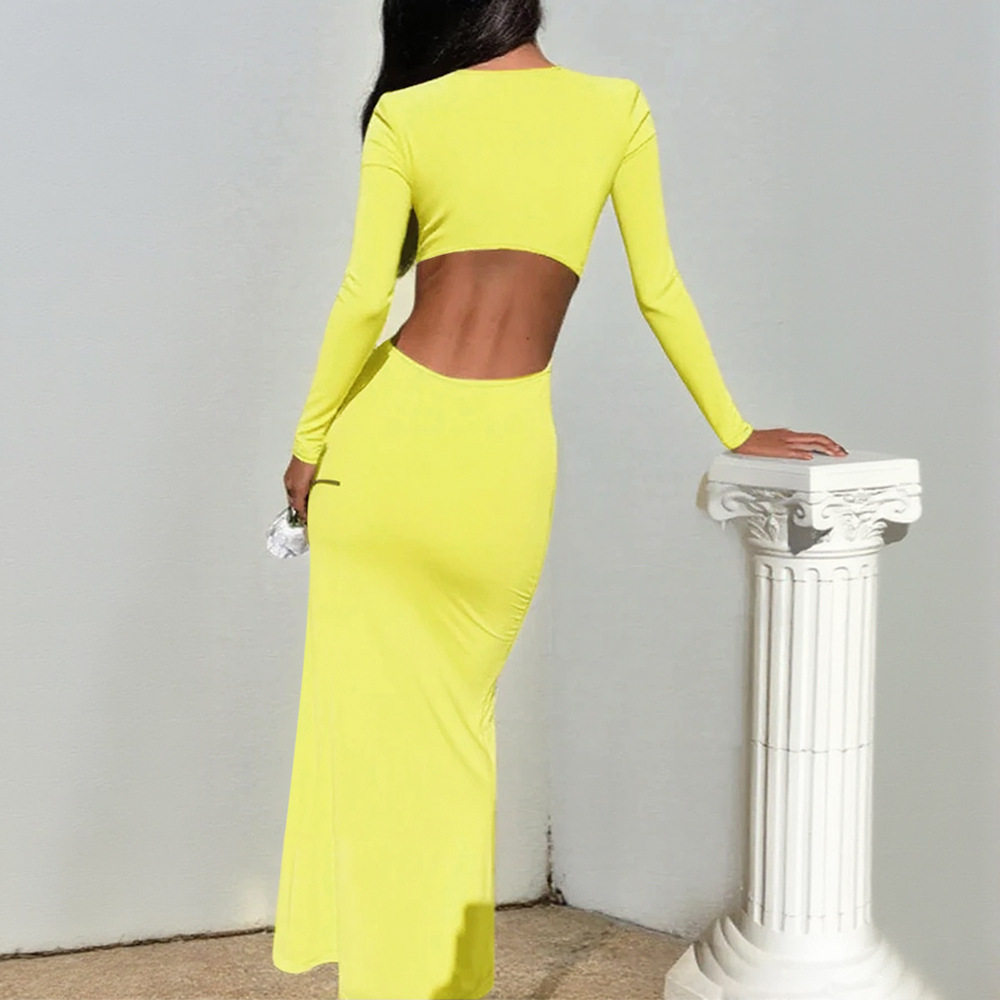 V Neck Long Sleeve Bodycon Dress Ruffle Hem Hollow Out Side Slit Slim Fit Evening Party Wear Wholesale Available