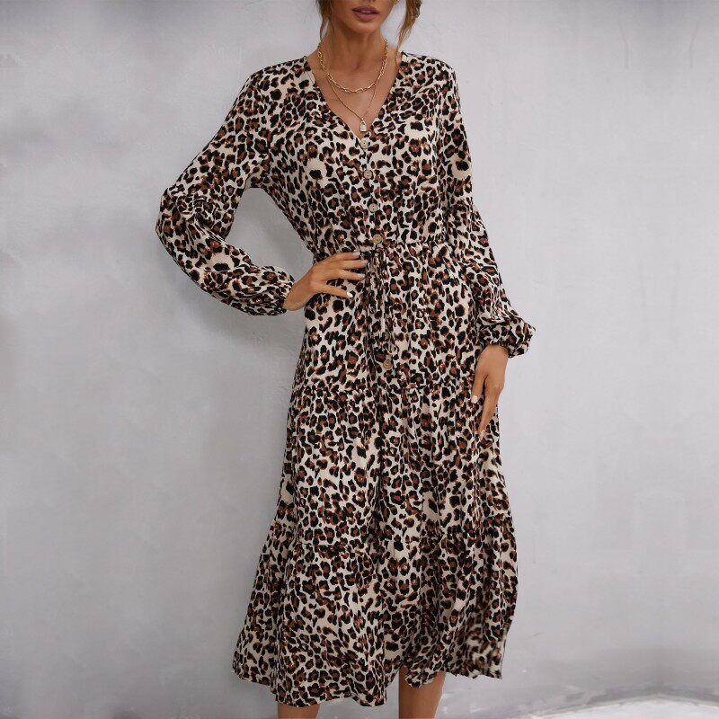 Vintage Leopard Print Long Sleeve Dress Ruffled Hem Mid Length Elegant Style Wholesale Availability