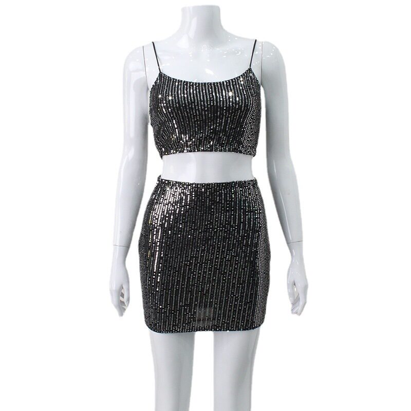 Sequined Crop Top and Skirt Set Strapless Bodycon Fit Sexy Style Perfect for Parties and Night Out Wholesale