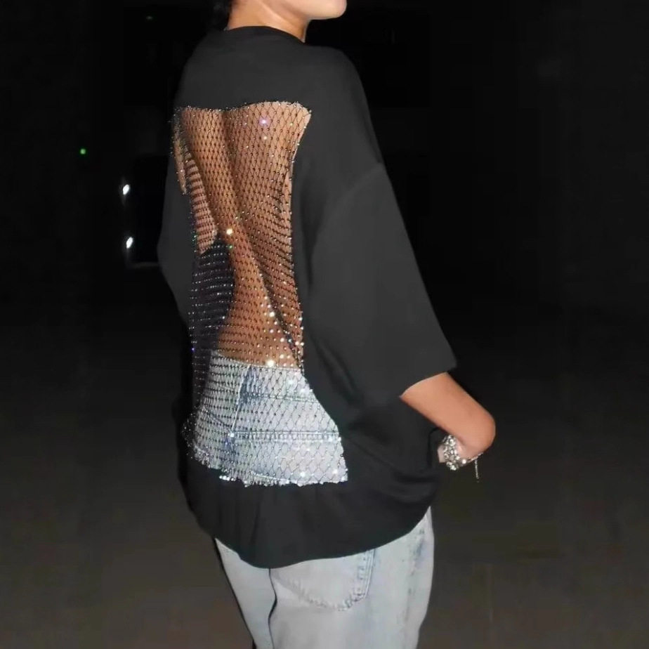 Womens Sheer Back Top Solid Color Round Neck Loose Fit Mid Sleeve Casual Wear for Spring Summer OEM Available
