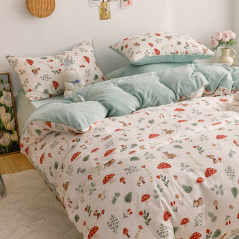 Winter AB surface single-sided velvet four-piece cotton plus velvet bed milk velvet coral velvet quilt cover floral flannel bed sheet
