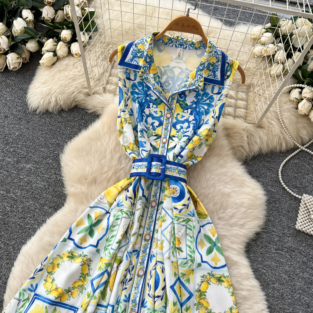 Sleeveless Floral Print Dress Korean Style Tie Waist A Line Silhouette Elegant Summer Vacation Wear Wholesale