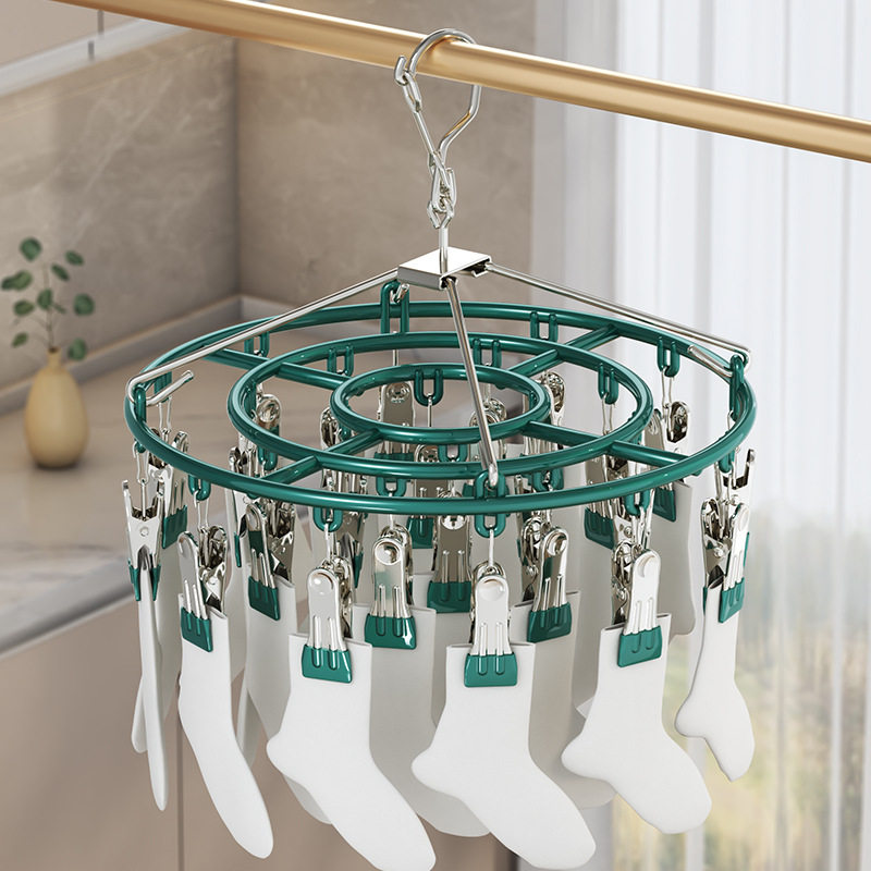 ♔ Plastic-Coated Round Sock Rack with 24 Clips, Household Clothes Drying Rack with Multiple Clips, Sock Rack, Baby Multifunctional Underwear Drying Rack