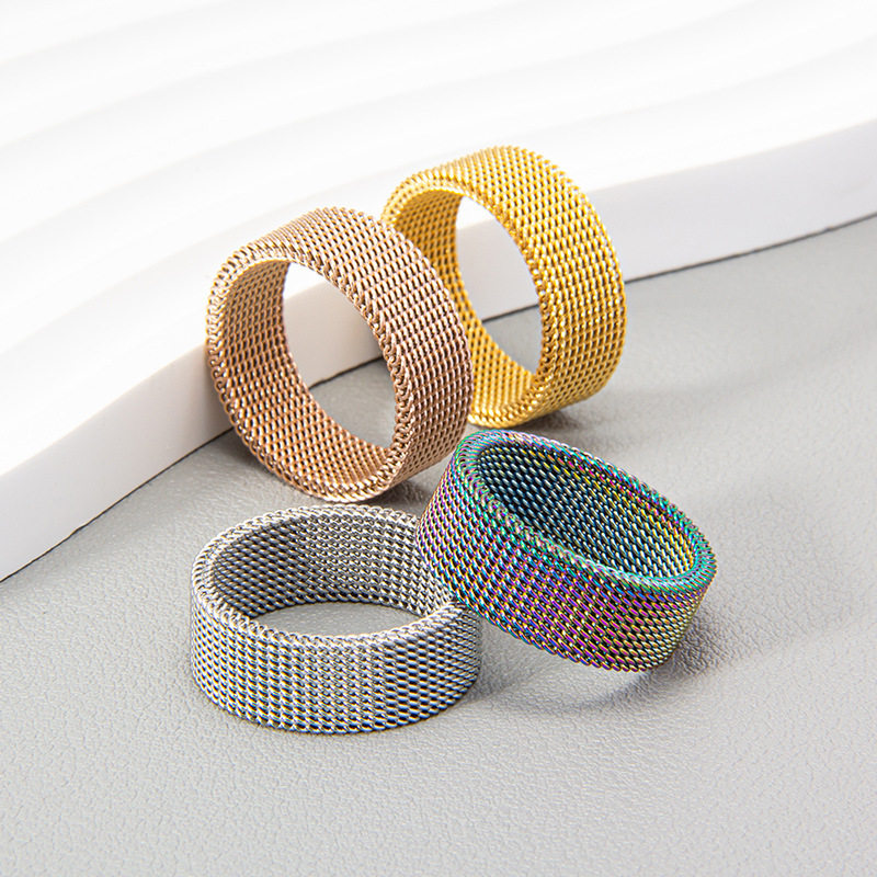 2026 Amazon Plaid Mesh Ring 8mm Titanium Steel High-Quality Unisex Simple Transformable Multi-Color Mesh Ring