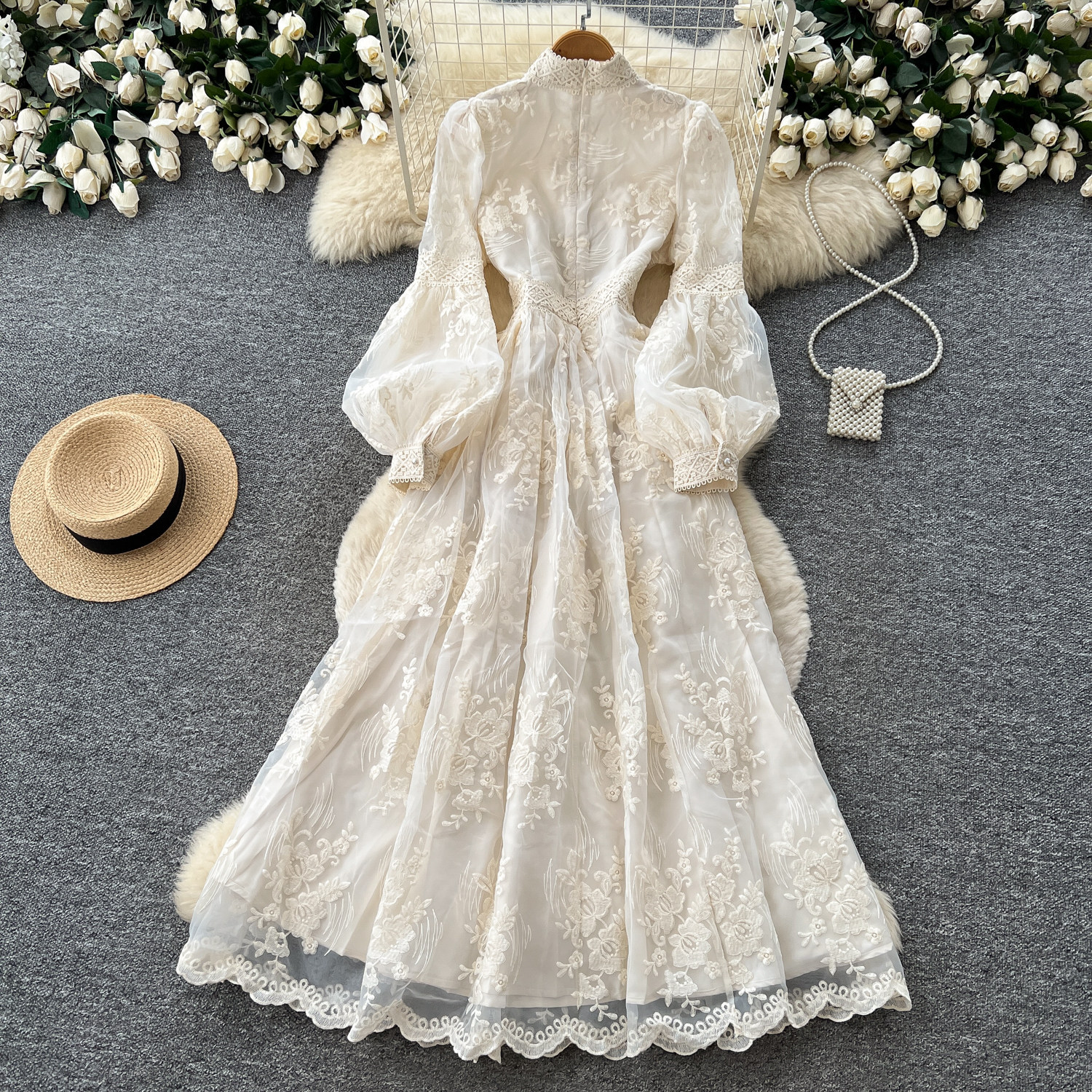 French Court Style Embroidered Lace Dress Puff Sleeves High Neck Waist Tie Elegant Long Dress for Autumn Wholesale