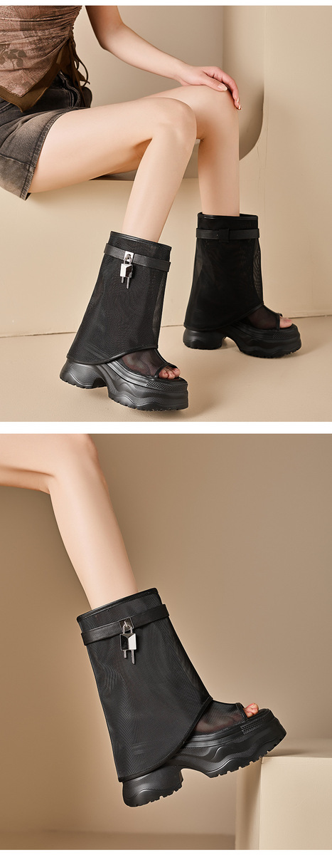 Boot nữ cổ trung lưới khoét hở phối da bò, đế dày tăng chiều cao — Đen có hình, màu đen, Màu nâu, Màu nâu có hình
