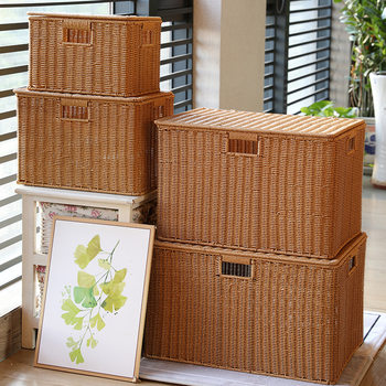 Japanese Imitation Rattan Storage Box with Lid, Household Woven Storage Basket, Extra Large Clothing Storage Box