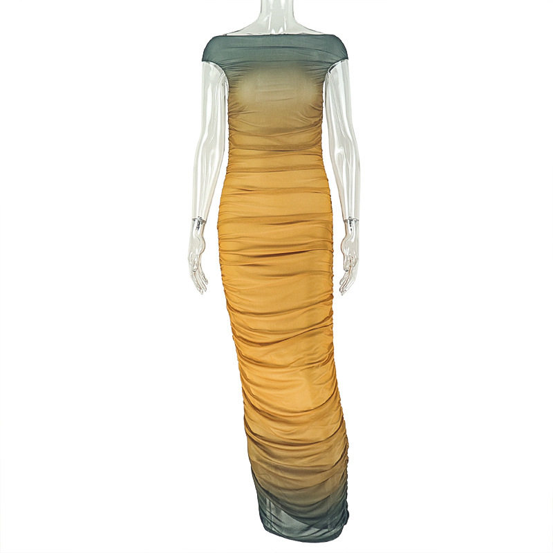 Color Block Gradient Ruched Bodycon Dress Elegant Long Silhouette Round Neck Slim Fit Perfect for Parties and Events