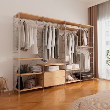 Household Open Wardrobe Bedroom Iron Hanging Hanger Steel Frame Log Style Walk-in Closet Minimalist Wardrobe